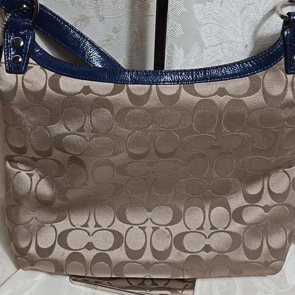 Coach Penelope Tan and Blue Satin With Patent Leather Crossbody Bag